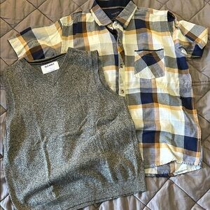 Old Navy Blue and Yellow Plaid Shirt with Gray Vest